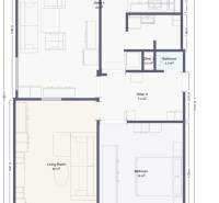 Půdorys 4-pokojového bytu s rozmístěním pokojů a nábytku.