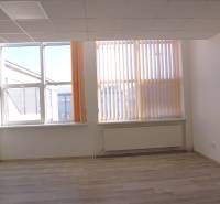 Prostorné kanceláře s velkými okny a podlahou s dřevěným dekorem.