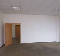 Bílá místnost v kanceláři s otevřenými dřevěnými dveřmi a kobercem na podlaze.