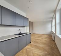 Kuchyně v 1-pokojovém bytě s podlahou s dřevěným dekorem a velkými okny.