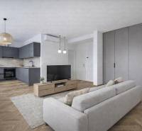 Kuchyně v 1-pokojovém bytě s podlahou s dřevěným dekorem a šedými skříňkami.