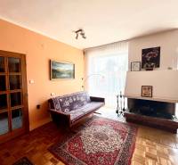 Obývací pokoj v rodinném domě s krbem, pohovkou a podlahou s dřevěným dekorem.