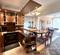 Interiér rodinného domu s kuchyňskou linkou, jídelním stolem a podlahou s dřevěným dekorem.