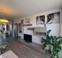 Obývací pokoj v 2pokojovém bytě s podlahou s dřevěným dekorem a dekoračními prvky.