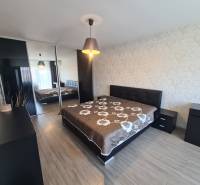 Ložnice v 2-pokojovém bytě s velkou postelí a podlahou s dřevěným dekorem.