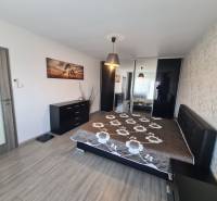 Ložnice v 2pokojovém bytě s podlahou s dřevěným dekorem a vestavěnou skříní.