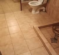 Koupelna v rodinném domě s toaletou, umyvadlem a dlažbou na zemi.