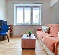 Obývací pokoj v 2-pokojovém bytě s podlahou s dřevěným dekorem, pohodlnou sedačkou a pracovním stolem.