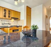 Kuchyně s dřevěnými skříňkami, pultem a výhledem do pokoje v 2pokojovém bytě.