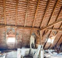 Podkroví se střešními okny a dřevěnými trámy v rodinném domě.