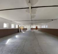 Prostorný interiér skladu a haly s okny na obou stranách, betonová podlaha.