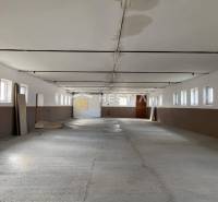 Rozsáhlý prostor ve skladech a halách s řadou oken a betonovou podlahou.