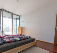 Ložnice v 2pokojovém bytě s podlahou s dřevěným dekorem a přístupem na balkon.