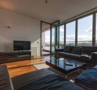 Obývací pokoj s koženou sedačkou, TV stolkem a podlahou s dřevěným dekorem, 2pokojový byt.