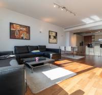 Obývací pokoj v dvoupokojovém bytě s podlahou s dřevěným dekorem a černou koženou pohovkou.