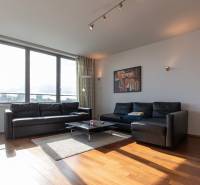 Obývací pokoj v 2-pokojovém bytě s černou sedačkou, podlahou s dřevěným dekorem a velkými okny.