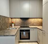 Kuchyně v 2pokojovém bytě s květinami, mramorovým obkladem a spotřebiči.