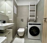 Koupelna v 2-pokojovém bytě s umyvadlem, pračkou a toaletou, moderní obklady.