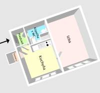 Půdorys 1-pokojového bytu s kuchyní, koupelnou a WC.