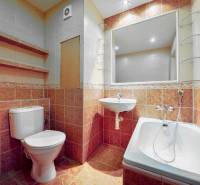 Koupelna s toaletou, umyvadlem a vanou obložená keramickými dlaždicemi v 1-pokojovém bytě.