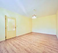 Interiér prázdného 1-pokojového bytu s podlahou s dřevěným dekorem a lustrem.