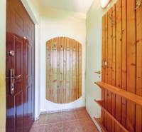 Chodba v 1-pokojovém bytě s dřevěným obkladem a tmavě hnědými dveřmi.