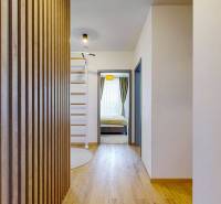 Chodba 3pokojového bytu s podlahou s dřevěným dekorem a žebříkem na stěnu.