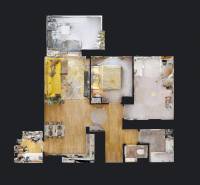 Půdorys 3pokojového bytu s podlahou s dřevěným dekorem a vybavením.