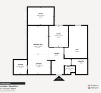 Plán 3-pokojového bytu s kuchyní, obývacím pokojem, koupelnou, terasou a komorou.