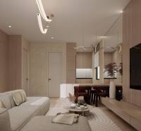 Interiér rodinného domu se světlou sedačkou, podlahou s dřevěným dekorem a minimalistickým osvětlením.