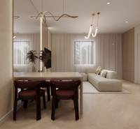 Interiér rodinného domu s pohovkou, jídelním stolem a podlahou s dřevěným dekorem.