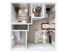 Dispozice rodinného domu s podlahou s dřevěným dekorem a elegantním interiérem.