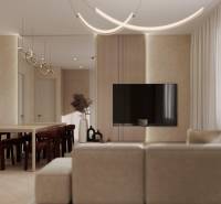 Obývací pokoj rodinného domu s podlahou s dřevěným dekorem a elegantním osvětlením.