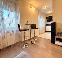 Interiér 2-pokojového bytu s podlahou s dřevěným dekorem, barovými stoličkami a dekoracemi.