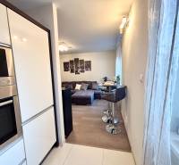 Kuchyňský kout se spotřebiči, barovým sezením a výhledem na obývací pokoj v 2pokojovém bytě.