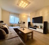 Obývací pokoj v 2-pokojovém bytě s pohovkou a televizí, podlaha s dřevěným dekorem.