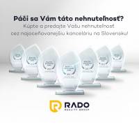 Ocenění realitní kanceláře RADO Reality Group s nápisy a logem v pozadí.