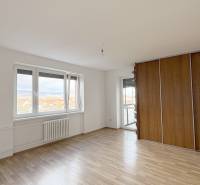 Pokoj s podlahou s dřevěným dekorem, vestavěnou skříní a oknem v 3-pokojovém bytě.