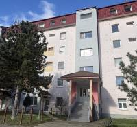 Bytový dům s barevnou fasádou na Tomanově ulici v Bratislavě - Vajnory, obklopený zelení.