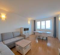 Obývací pokoj ve 4pokojovém bytě s podlahou s dřevěným dekorem a šedou sedačkou.