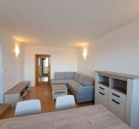 Obývací pokoj ve 4pokojovém bytě s podlahou s dřevěným dekorem a šedou sedačkou.