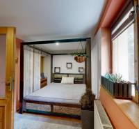 Ložnice v rodinném domě s velkou postelí a závěsnou rostlinou u okna.