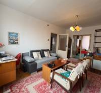 Obývací pokoj v rodinném domě s podlahou s dřevěným dekorem a retro nábytkem.