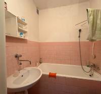 Koupelna v rodinném domě s růžovými kachličkami a bílým umyvadlem.