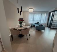 Interiér 2-pokojového bytu s podlahou s dřevěným dekorem, jídelním stolem a balkonem.