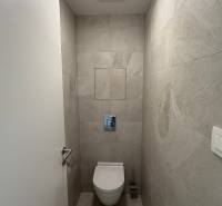 Koupelna v 2-pokojovém bytě s obklady v jemných odstínech.