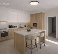 Kuchyně v rodinném domě s ostrůvkem a podlahou s dřevěným dekorem.