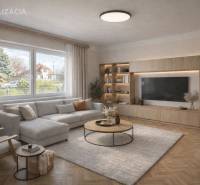 Obývací pokoj v rodinném domě s pohodlnou sedací soupravou a podlahou s dřevěným dekorem.