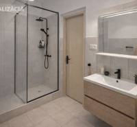 Koupelna v rodinném domě s moderním sprchovým koutem a umyvadlem s úložným prostorem.