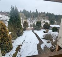 Zasněžená zahrada rodinného domu v Čadci na ulici Čadečka s jehličnany a trávníkem.